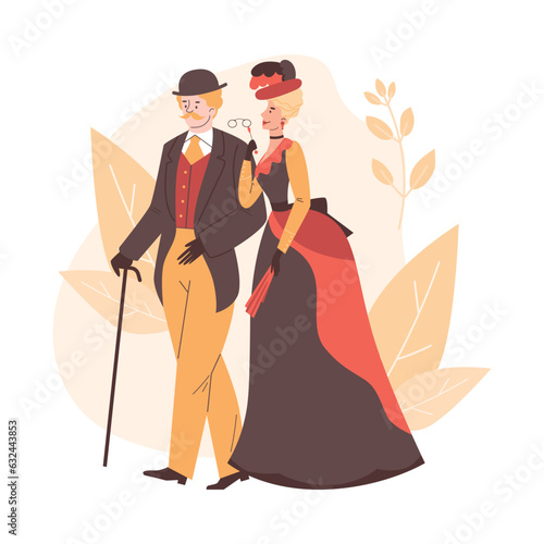 Historic Victorian man and woman characters, flat vector illustration isolated.
