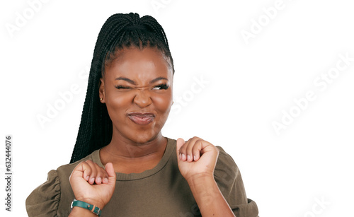 Crazy, wink and dance with face of black woman on png for yes, happy and funny. Like, emoji and relax with person isolated on transparent background for motivation, happiness and goofy expression