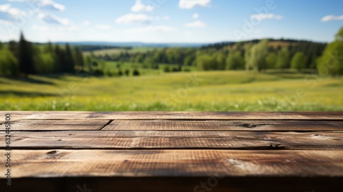 Empty wooden table with a serene meadow and trees
