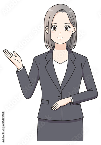 案内をするスーツを着た女性アニメタッチのイラスト