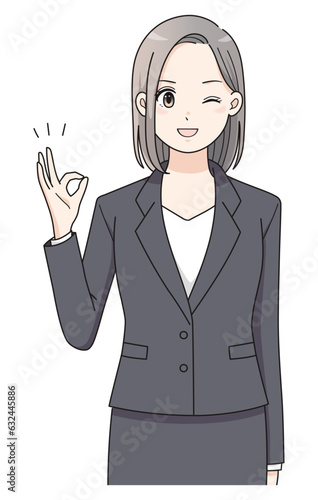 OKポーズのスーツを着た女性アニメタッチのイラスト