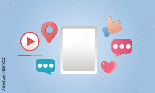 social media renders with frames such as buttons and geometric shapes.on blue background.Vector Design Illustration.