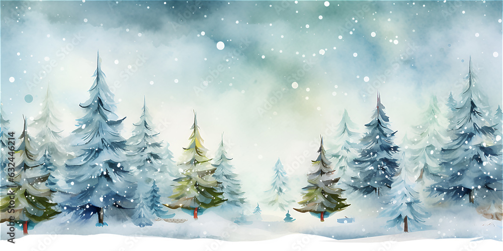 Blue watercolor illustration of winter wonderland forest with trees and snow, ai generated