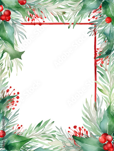 Watercolor Christmas frame background with red flowers, berries and pine greens and copy space inside, ai generated