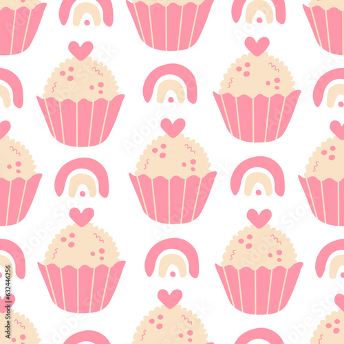 Pink Confectionery seamless pattern with sweets heart rainbow