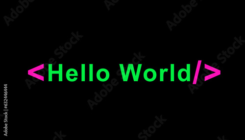 hello world written as a code. my first program. coding and programming concept