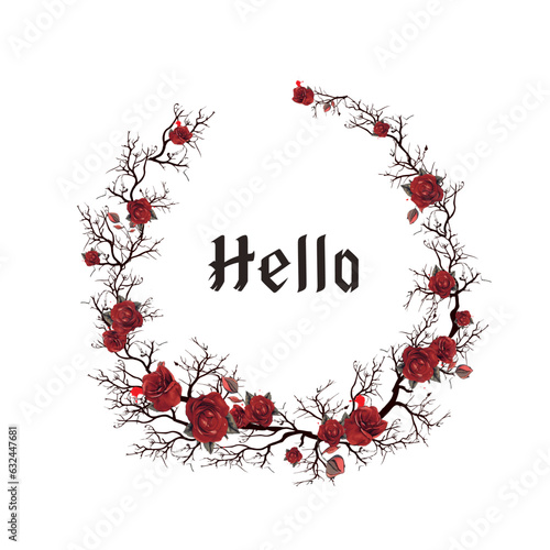 Cute frame in Halloween style with the phrase Hello. Happy Halloween round frame in bohemian style. Holiday design symbols of pumpkin  jack-o-lantern  skull  red roses  bats. 