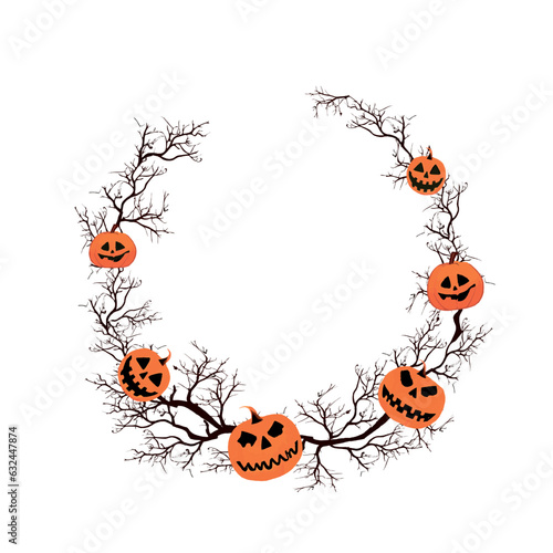 Frame of ominous branches with orange pumpkins and the inscription Hello. For printing on invitations, posters, prints, stickers © Anastasiia