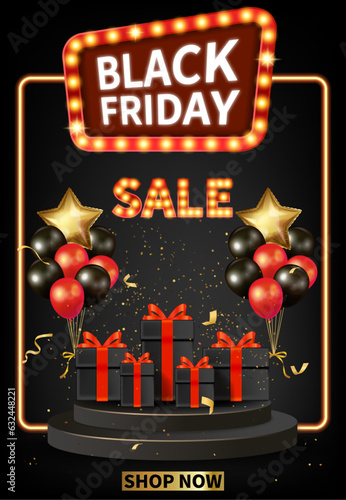 Modern black friday sale stand, background, poster, banner for business sale with balloons and gifts