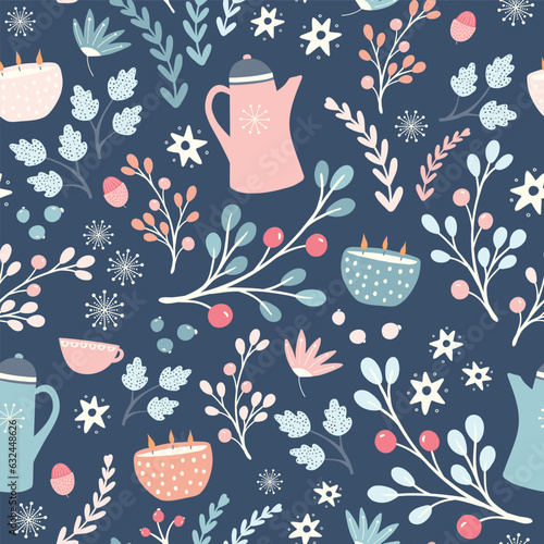 Hygge Autumn and winter pattern design. Cute and cosy vector seamless repeat resource.