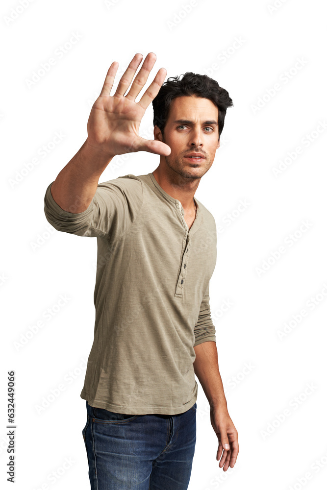 Fashion, portrait and man with hand to stop, caution danger or show sign for no on transparent, isolated or png background. College student, guy and gesture for rejection, warning or signal opinion Fashion, portrait and man with hand to stop, caution danger or show sign for no on transparent, isolated or png background. College student, guy and gesture for rejection, warning or signal opinion