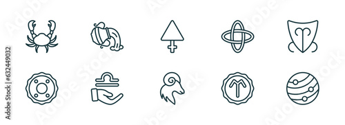 set of 10 linear icons from zodiac concept. outline icons such as cancer, aquarius, sulphur, aries, hope, mars vector