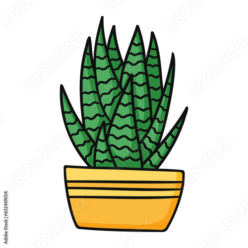Cute green cartoon Haworthia succulent in yellow pot. Isolated vector illustration on white background