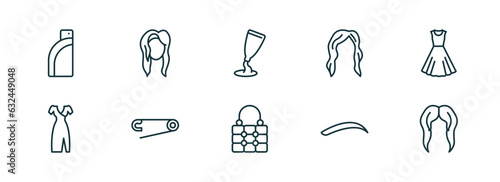 set of 10 linear icons from woman clothing concept. outline icons such as pocket, human black hair, creme container black, fashionable hand bag, eyebrow, hair wig vector