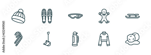 set of 10 linear icons from winter concept. outline icons such as winter cap, snowshoes, safety glasses, themos flask, turtleneck sweater, snow ball vector