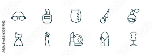 set of 10 linear icons from woman clothing concept. outline icons such as round eyeglasses, parfum, skirt black short, makeup, hobo shoulder bag, couture mannequin vector