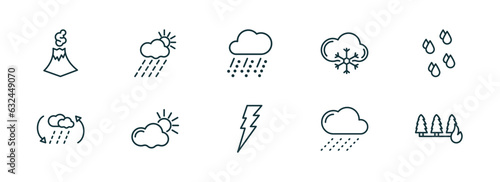 set of 10 linear icons from weather concept. outline icons such as eruption, rainy day, hailstorm, lightning, rainy, wildfire vector