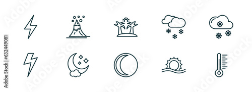 set of 10 linear icons from weather concept. outline icons such as light bolt, volcano, summer, waning moon, haze, thermometer vector
