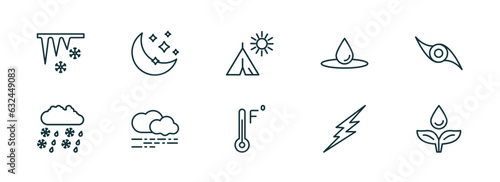 set of 10 linear icons from weather concept. outline icons such as icicle, twilight, indian summer, farenheit, thunderbolt, dew vector