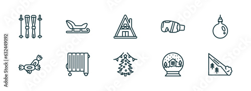 set of 10 linear icons from winter concept. outline icons such as ski equiptment, sledge, winter cabin, christmas day, snow globe, avalanche vector