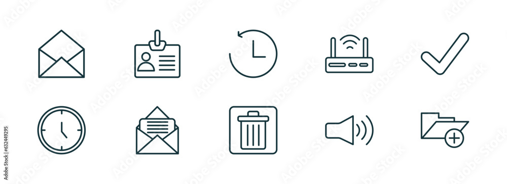 set of 10 linear icons from user interface concept. outline icons such as email opened envelope, personal credentials, past, delete bin, high volume loudspeaker, add folder button vector set of 10 linear icons from user interface concept. outline icons such as email opened envelope, personal credentials, past, delete bin, high volume loudspeaker, add folder button vector