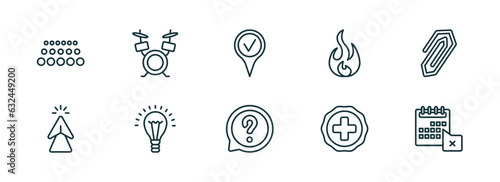 set of 10 linear icons from ultimate glyphicons concept. outline icons such as big and small dots, band, checked pin, question message, plus button, calendar with letter x vector