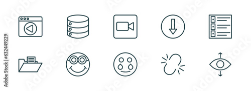 set of 10 linear icons from user interface concept. outline icons such as video in browser, disk storage, facetime, crying smile, unlink, perspectives vector