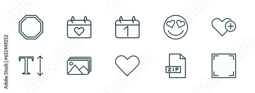 set of 10 linear icons from user interface concept. outline icons such as eighties, heart on calendar, first date, hearth, zip file, screen in white vector