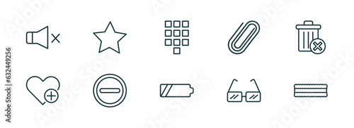 set of 10 linear icons from user interface concept. outline icons such as sound off, rounded point star, telephone keypad, battery medium charge, square glasses, lace vector