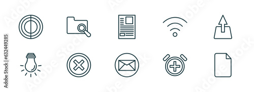 set of 10 linear icons from user interface concept. outline icons such as hue circle, search in folder, news report, email envelope button, alarm button, blank file vector