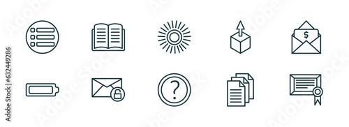 set of 10 linear icons from user interface concept. outline icons such as list button, open diary, loading indicator, round help button, multiple file, digital certificate vector