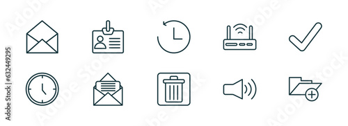 set of 10 linear icons from user interface concept. outline icons such as email opened envelope, personal credentials, past, delete bin, high volume loudspeaker, add folder button vector
