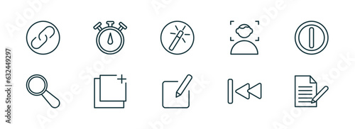 set of 10 linear icons from user interface concept. outline icons such as link button, stopwatches, magic wand button, edit button, backward track, written paper vector