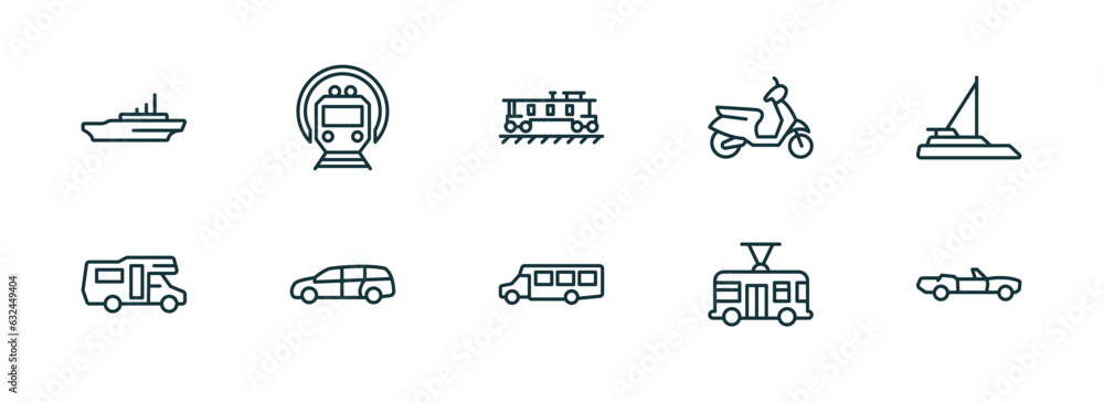 set of 10 linear icons from transportation concept. outline icons such as icebreaker ship, , caboose, airport shuttle, trolleybus, cabriolet vector