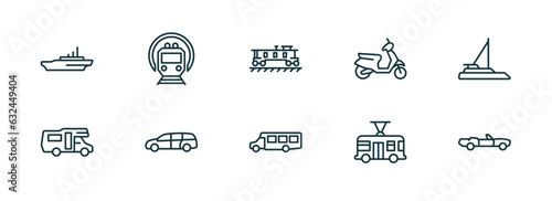 set of 10 linear icons from transportation concept. outline icons such as icebreaker ship, , caboose, airport shuttle, trolleybus, cabriolet vector