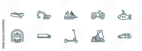 set of 10 linear icons from transportation concept. outline icons such as dugout canoe, excavators, schooner, kick scooter, inline skates, hatchback vector