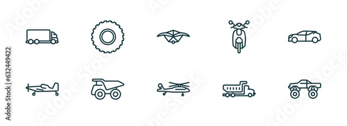 set of 10 linear icons from transportation concept. outline icons such as lorry, all terrain, hang glider, military helicopter, litter car, monster truck vector