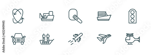 set of 10 linear icons from transport concept. outline icons such as movement, fishing boat, hands free device, flying airplane, air transport, small helicopter vector