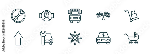 set of 10 linear icons from transport concept. outline icons such as repair, tram stop label, school van, ship wheel, electro car, pram vector