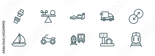 set of 10 linear icons from transport concept. outline icons such as seatbelt, stability, formula 1, public transportation, airport checking, diesel train vector