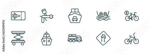 set of 10 linear icons from transportation concept. outline icons such as plane tickets, car painting, ferry carrying cars, cargo truck, slippy road, bicycle vector