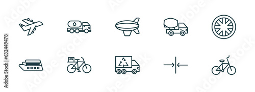 set of 10 linear icons from transport concept. outline icons such as planes, gas truck, blimp, recycling truck, slim, bicycle side view vector