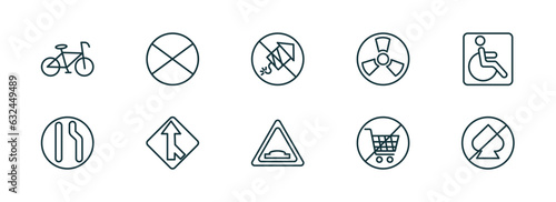 set of 10 linear icons from traffic signs concept. outline icons such as bicycle, no stopping, no fireworks, hump, no shopping cart, gambling vector