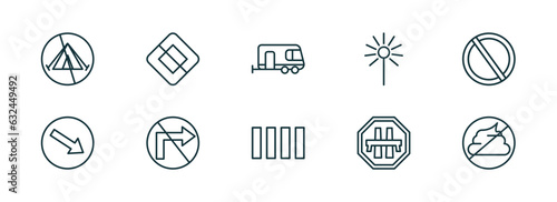 set of 10 linear icons from traffic signs concept. outline icons such as no camping, end of way, caravan, crossing, motorway, no pooping vector
