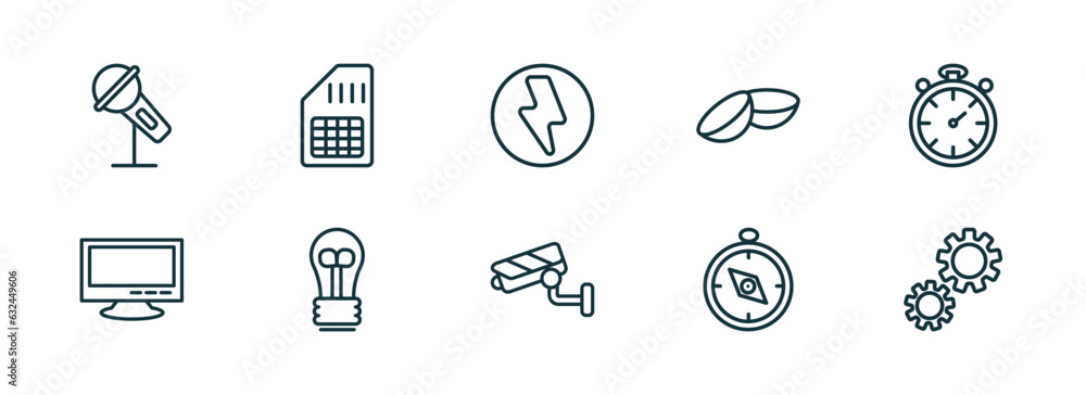 set of 10 linear icons from technology concept. outline icons such as big microphone, big, green flash, security cam, basic compass, services vector