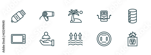 set of 10 linear icons from technology concept. outline icons such as inclined pendrive, hairdressing tools, holidays, evaporation, round socket, electric socket on fire vector