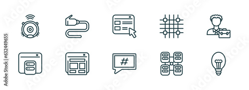 set of 10 linear icons from technology concept. outline icons such as robot vacuum, wired connection, selector, microblogging, data modelling, electric light bulb vector