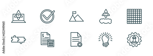 set of 10 linear icons from startup stategy and concept. outline icons such as startup laptop, accept, overcome, project, idea, strategy management vector