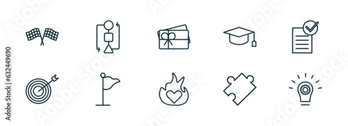 set of 10 linear icons from success concept. outline icons such as finish flag, flowchart, gift voucher, passion, puzzle, innovation vector