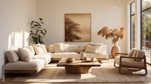 Interior design of cozy living room with stylish sofa, coffee table, flowers in imitation vases, posters, decorative carpets, plaid pillows and personal accessories in modern home decor templates.